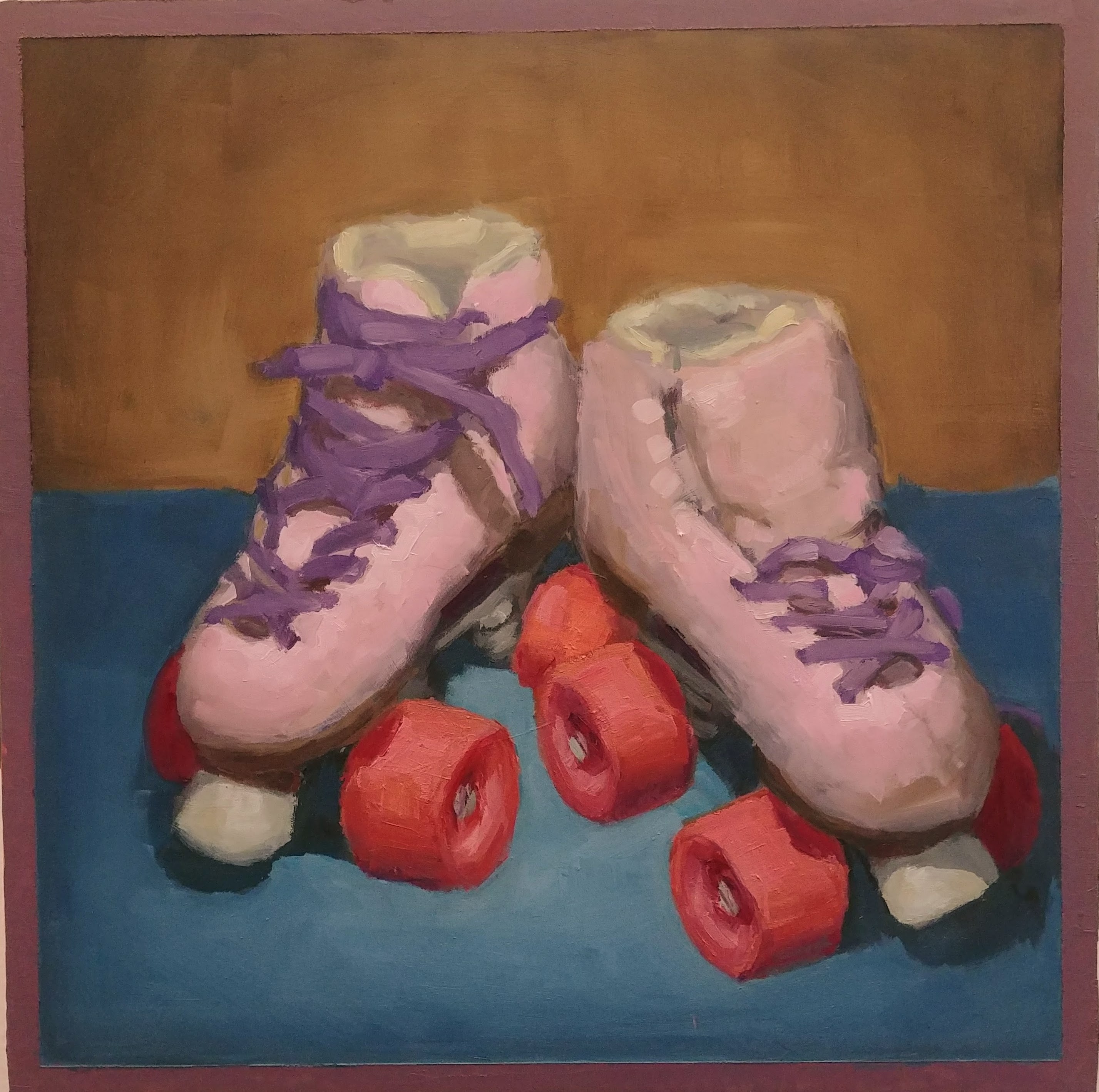 oil painting of pink roller skates